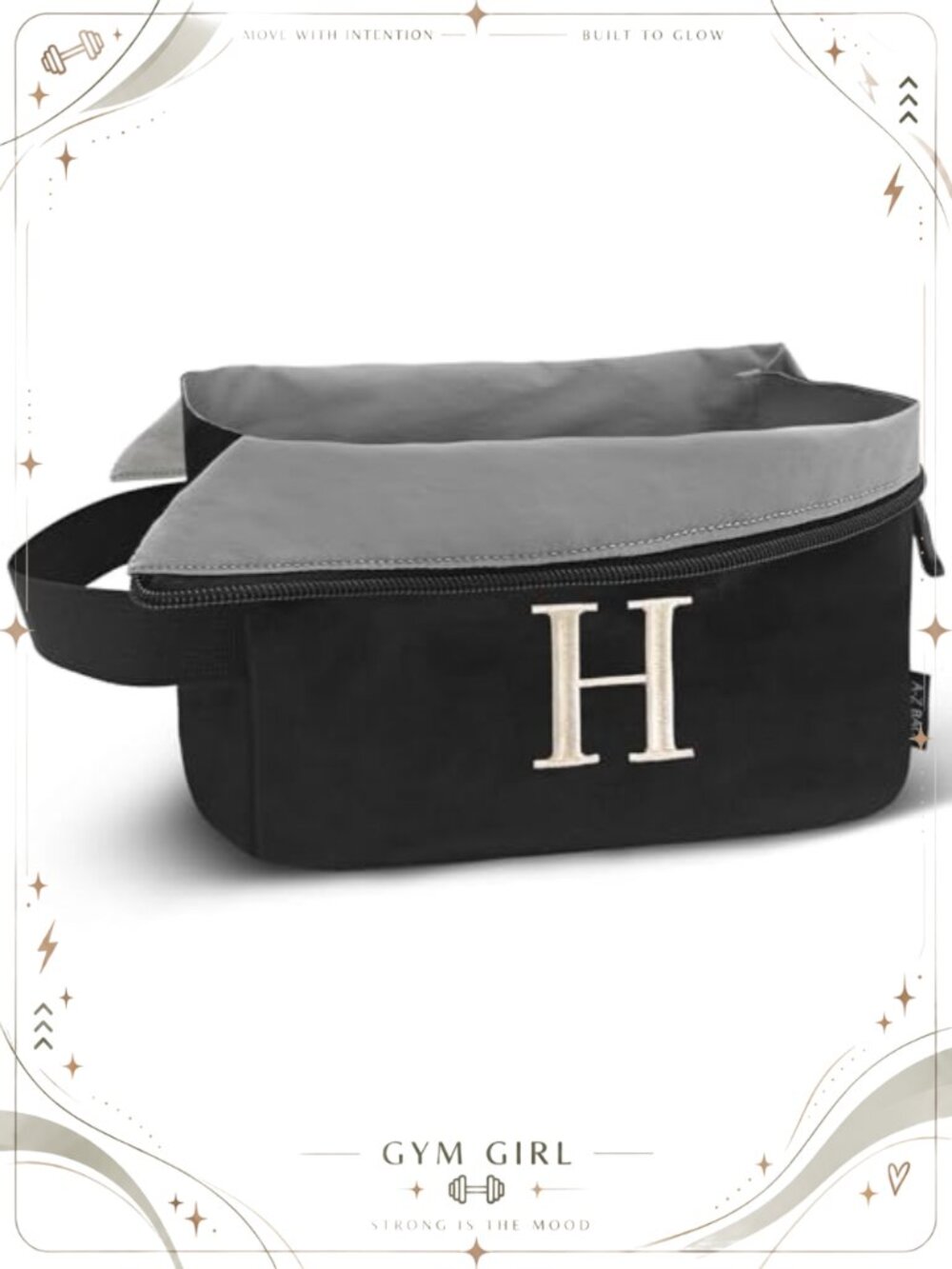 Water-Resistant Nylon Toiletry Makeup Bag Gold Embroidered Initial Zip Pouch
